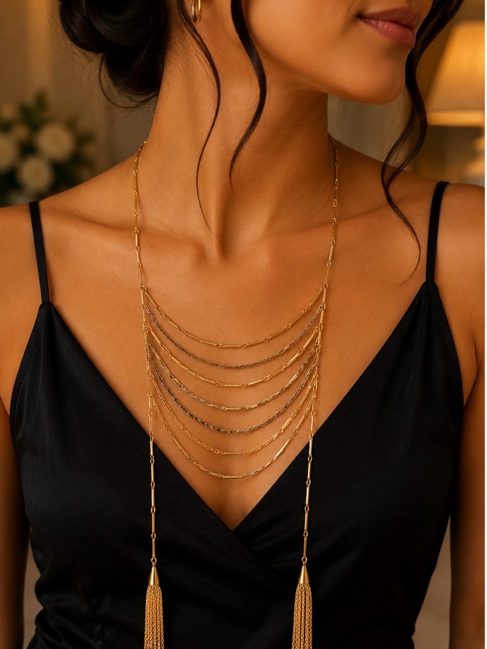 Serefina Gold Tone Layered Bar Chain Tassel Statement Necklace 21"
 Gold Tassel
